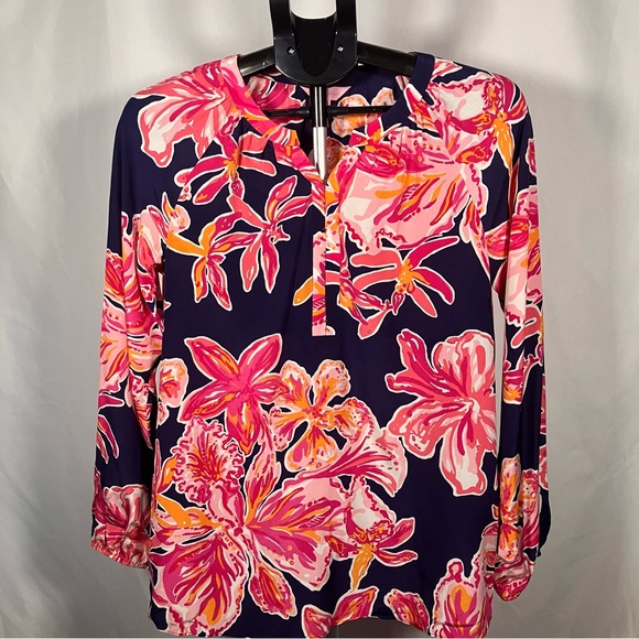 Lily Pulitzer Elsie Silk Bright Navy Pink Floral long sleeve Blouse womens Small - Picture 2 of 7